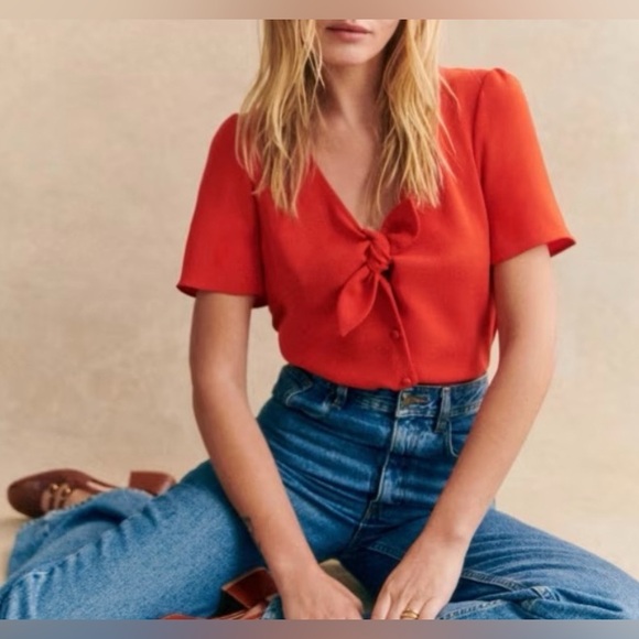 Sezane Eloine Blouse Red rouje Self tie size 38 - US 6 holiday - Picture 5 of 7